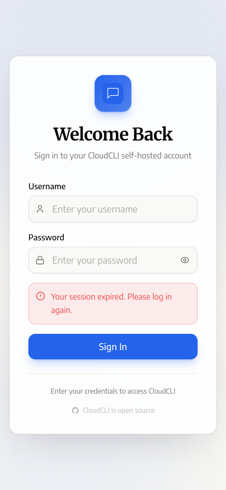claudecodeui mobile login page: username and password form