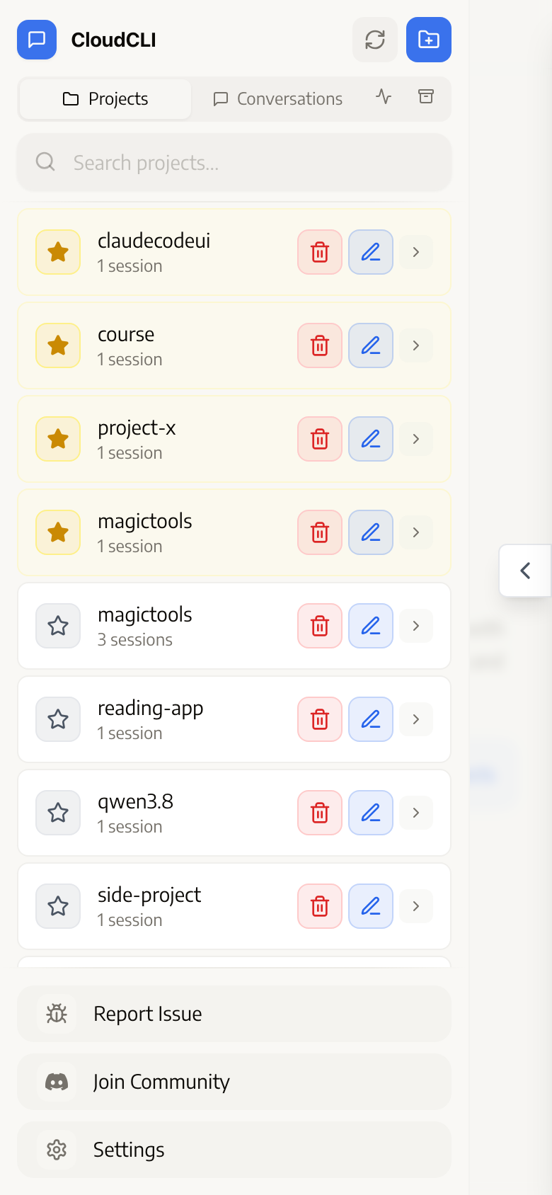 Mobile project list drawer: multiple projects with session counts, stars, and a search box