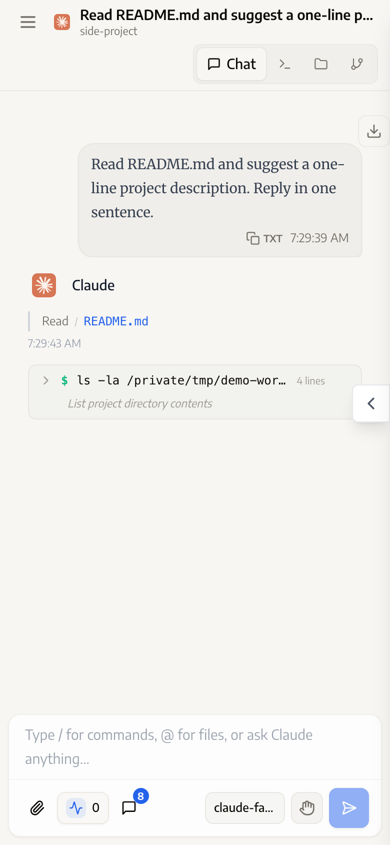 Mobile session view: user messages, Claude's Read and Bash tool calls, bottom input bar