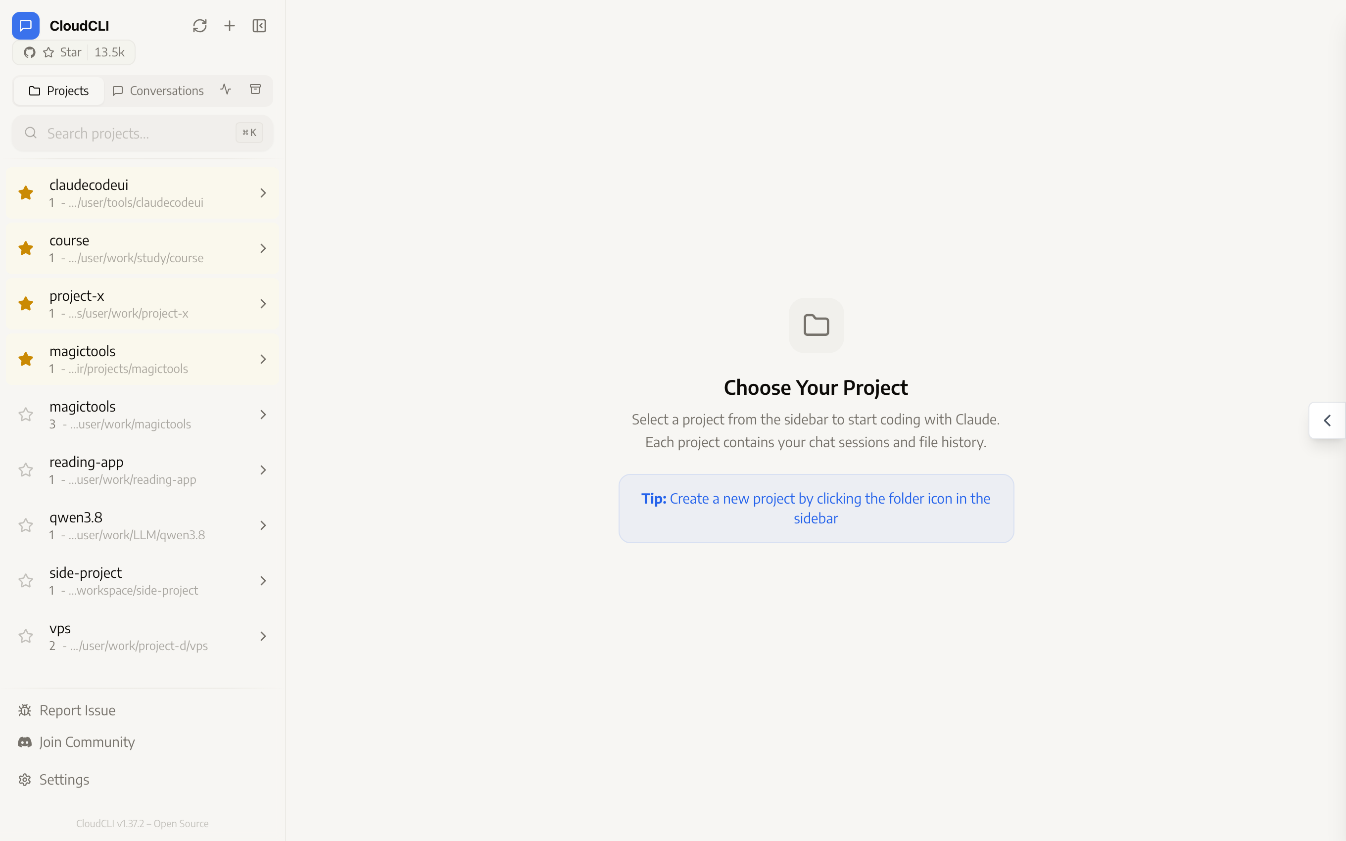 Desktop view: project list with paths and session counts on the left, workspace on the right