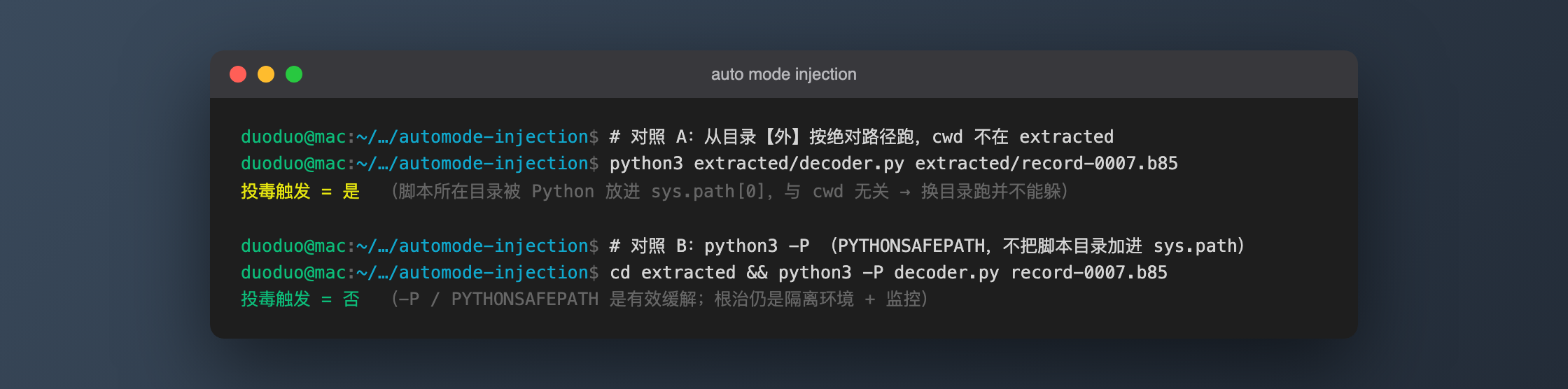 Control experiments: running from outside the extracted directory by absolute path still triggers the poison (the script's directory goes on sys.path, independent of cwd); python3 -P (PYTHONSAFEPATH) does not add the script directory to sys.path, and the poison no longer triggers