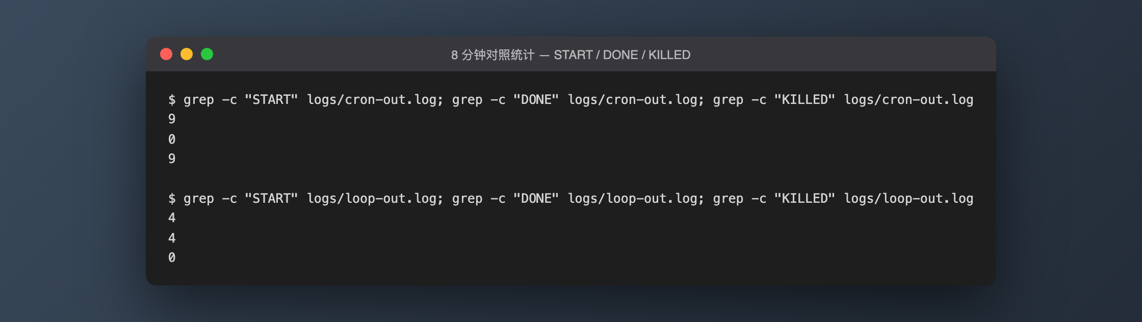 两组 START/DONE/KILLED 计数对比
