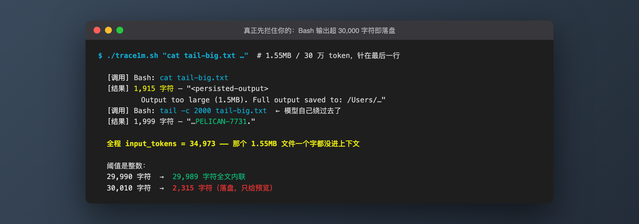 Bash output over 30,000 characters is persisted to a file; only a ~2KB preview enters context