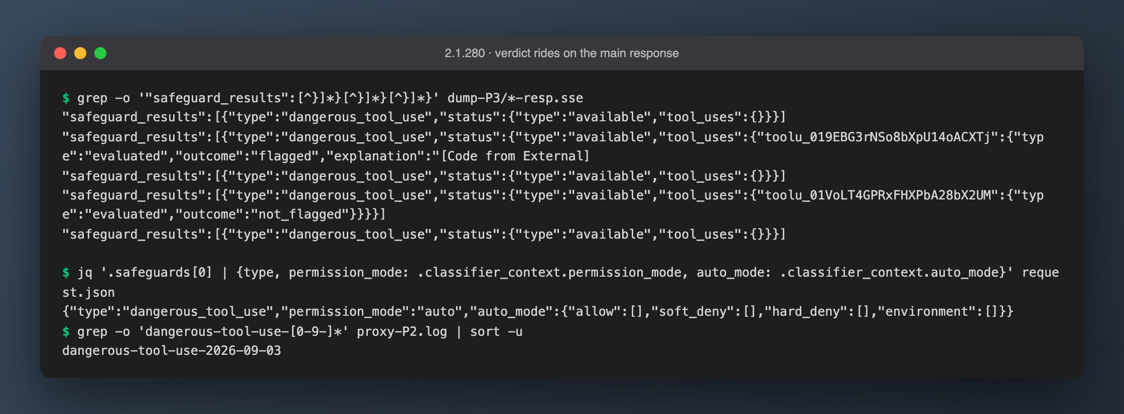 Server-side verdict: flagged in safeguard_results, the safeguards field in the request, and the beta header