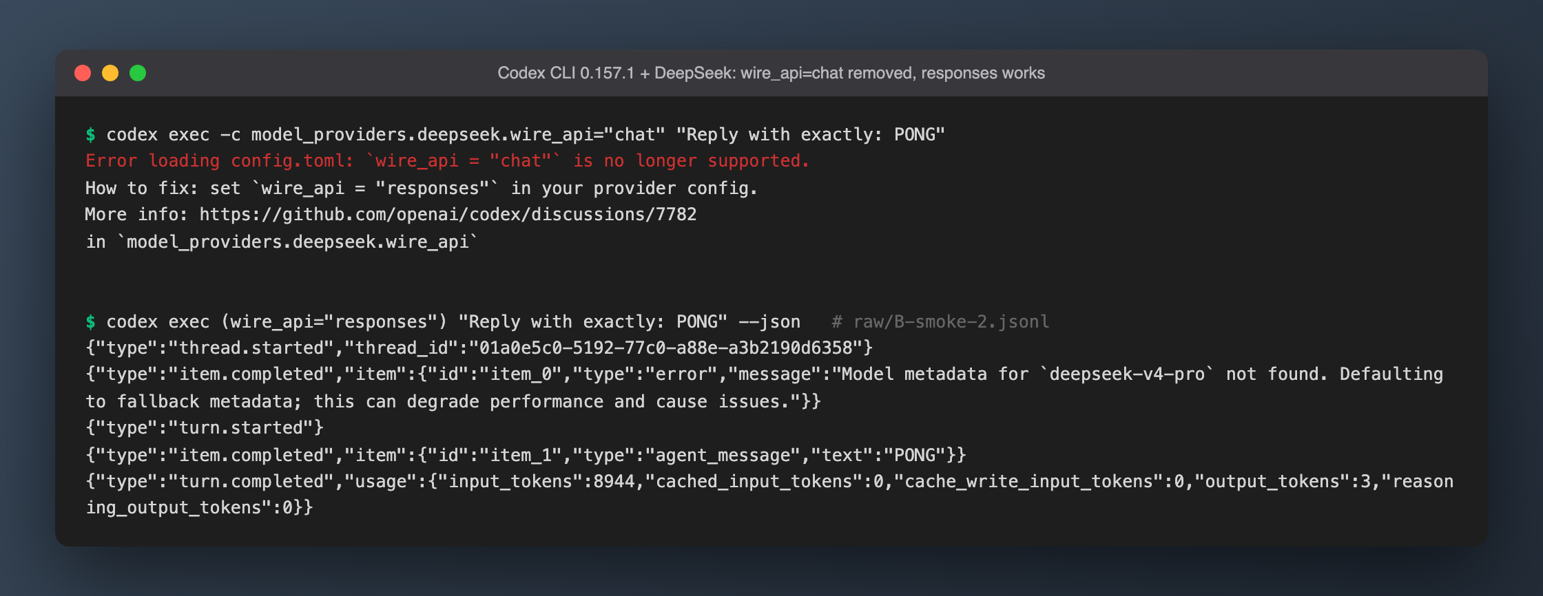 Codex CLI 0.157.1: wire_api=chat rejected, responses works against DeepSeek