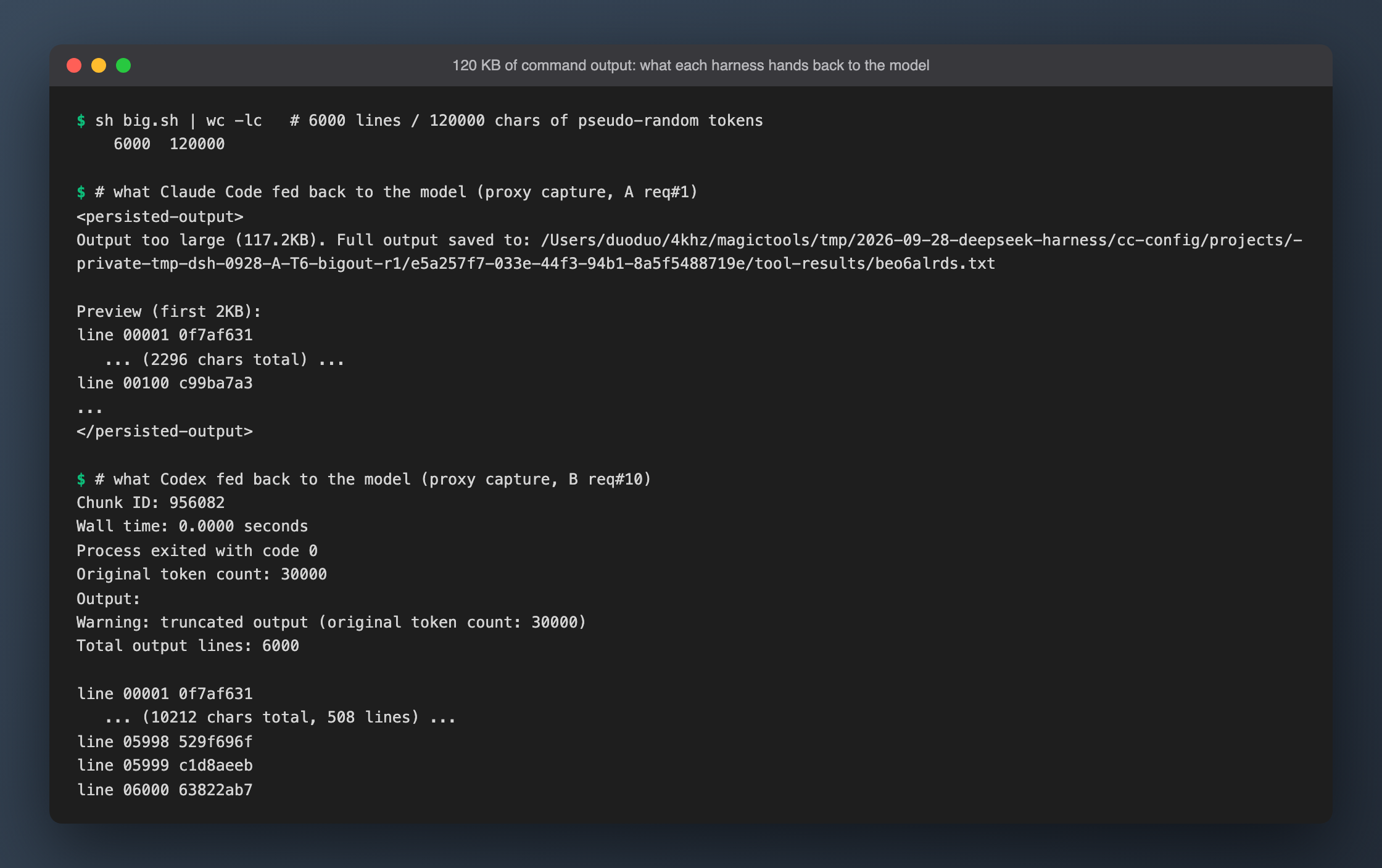 120 KB of output: what Claude Code and Codex each hand back to the model