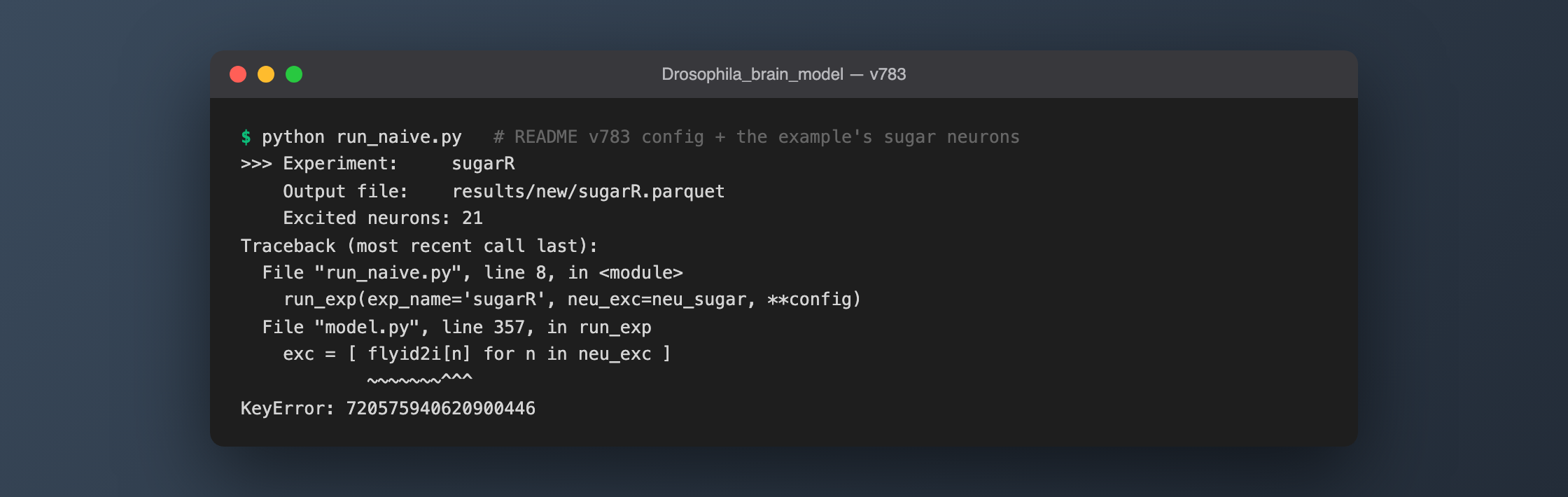 After switching the config to v783 as the README says, the official example fails with a KeyError while building the stimulus list: one of the 21 sugar neuron IDs no longer exists in v783