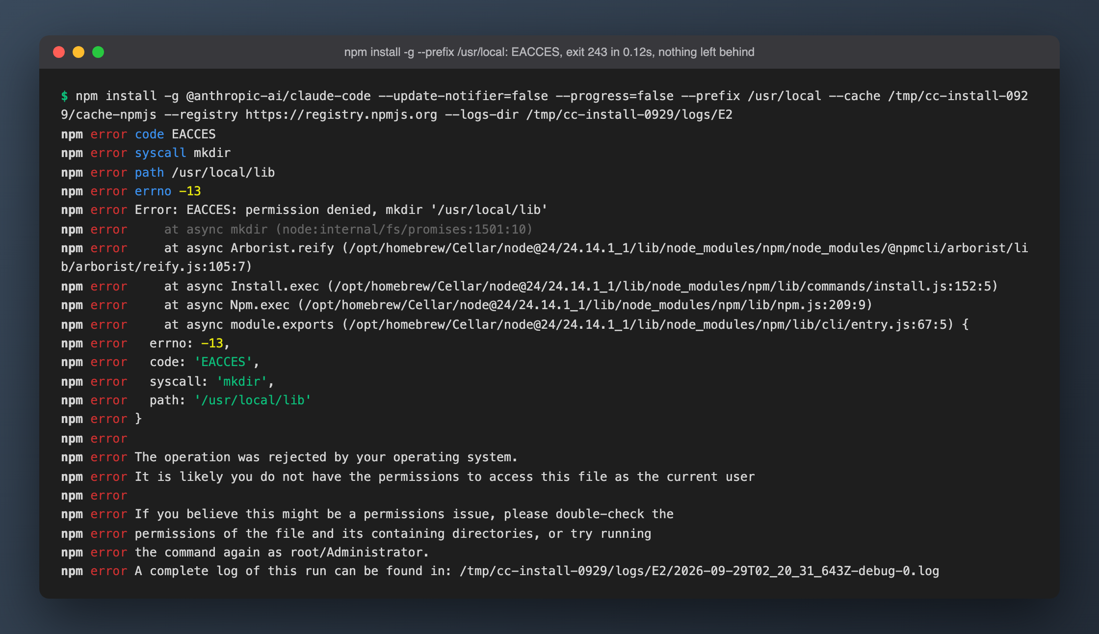 npm install -g --prefix /usr/local: EACCES, exit 243