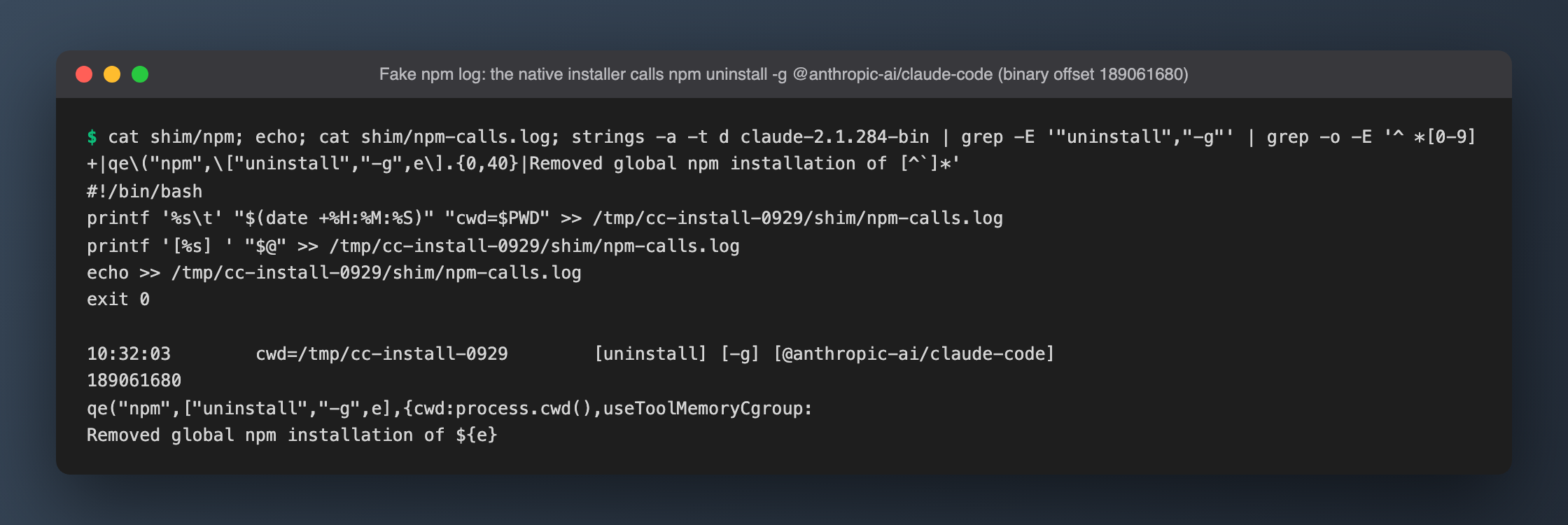 A fake npm logged the native installer's call: npm uninstall -g @anthropic-ai/claude-code