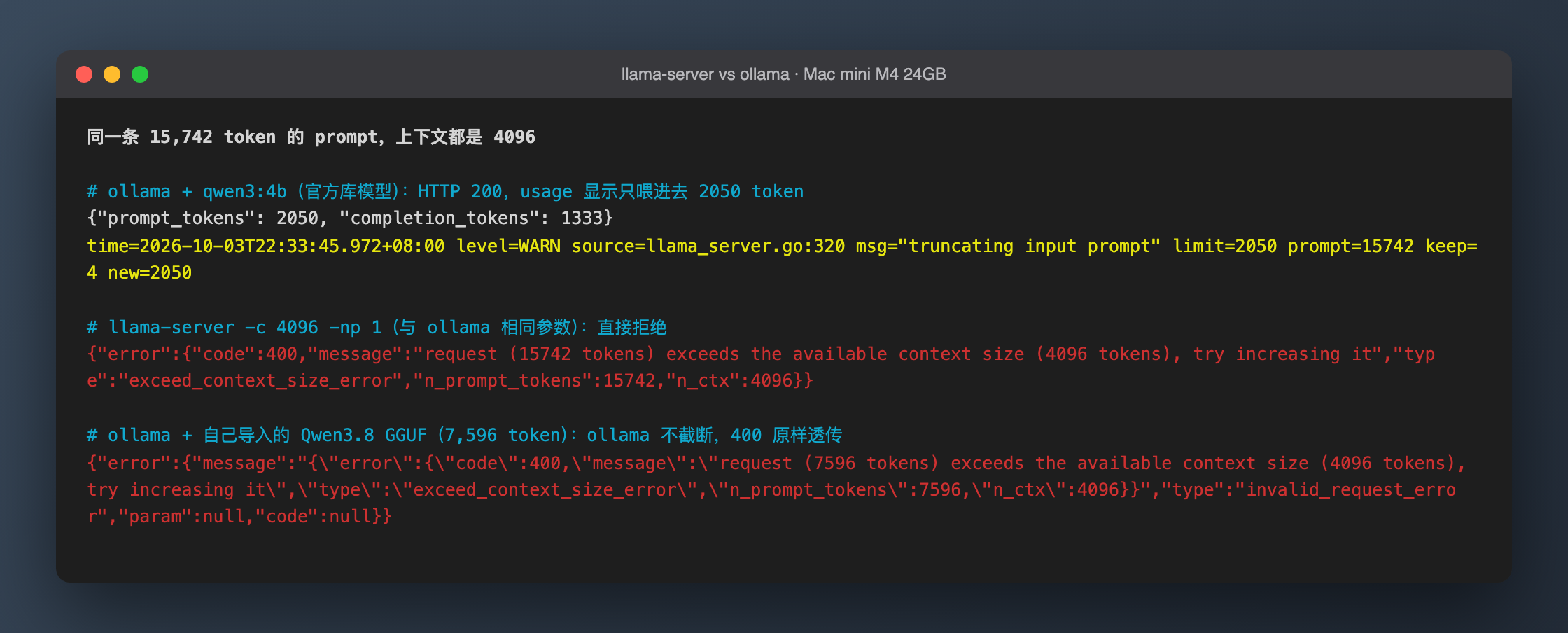 ollama 静默截断到 2050 token；llama-server 同参数下返回 400；ollama 跑导入模型时 400 原样透传