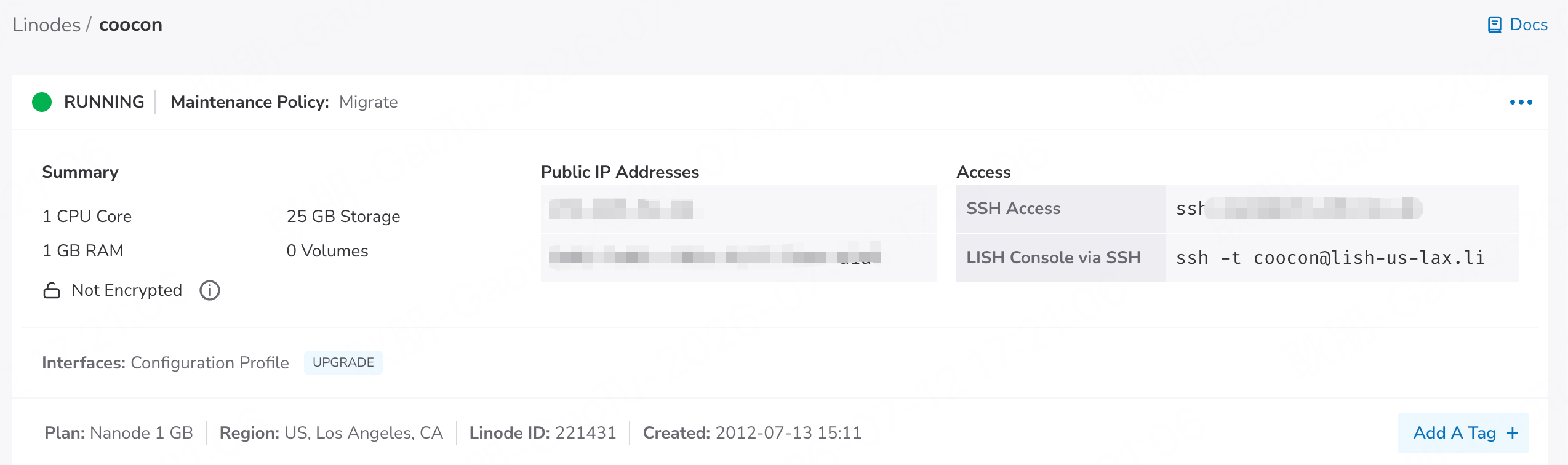 我的 Linode 控制台:Created 2012-07-13,用了 14 年的洛杉矶老机器