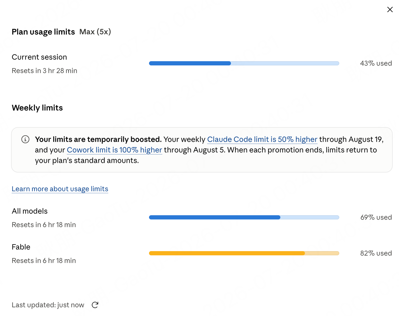 My Claude Max (5x) usage panel: Fable's independent weekly quota has been used 82%, higher than the all-models 69%