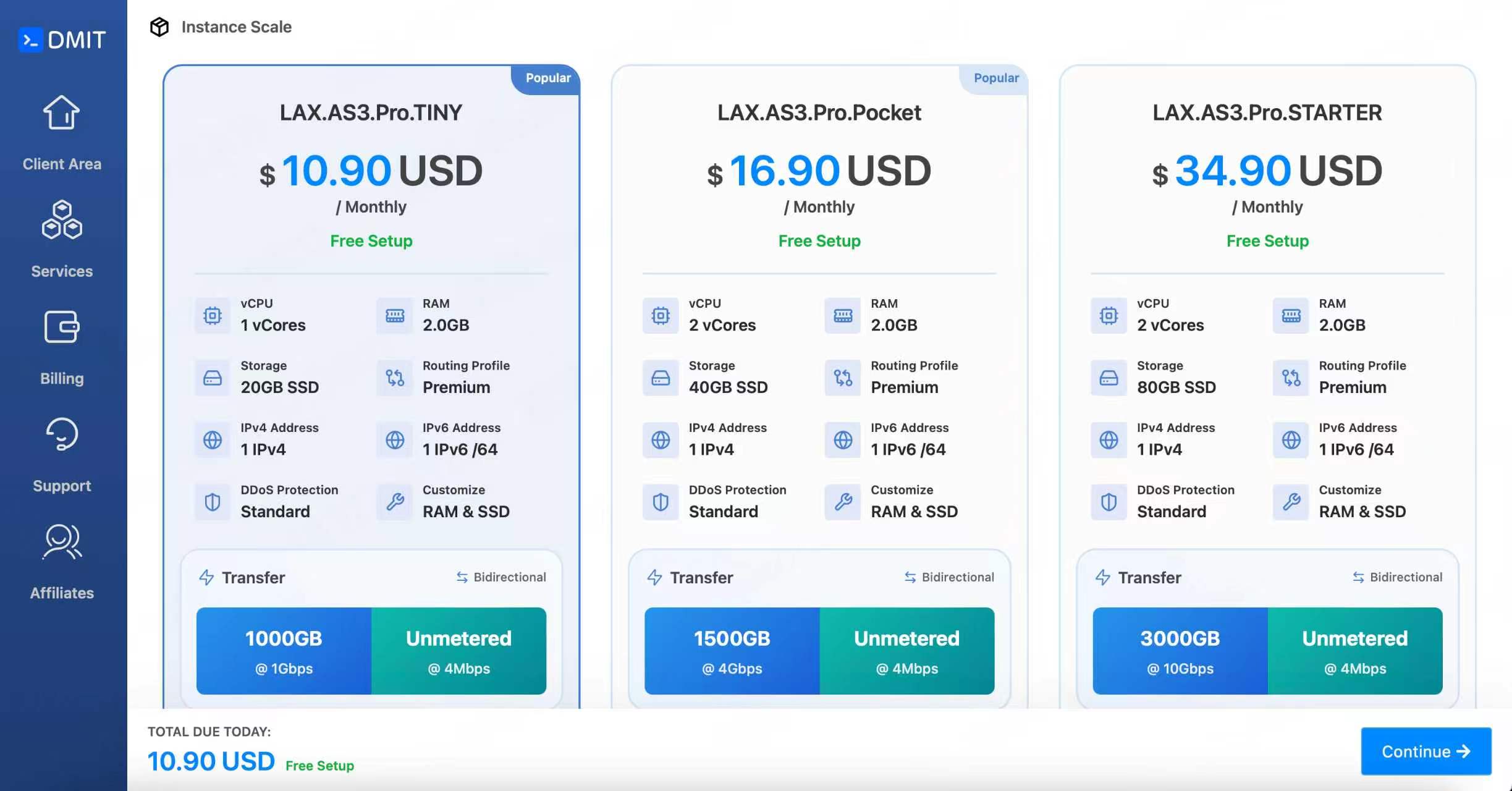 DMIT 下单界面实拍:LAX AS3 Pro 三个热门档位 TINY / Pocket / STARTER,含 DDoS 防护与免费 Setup